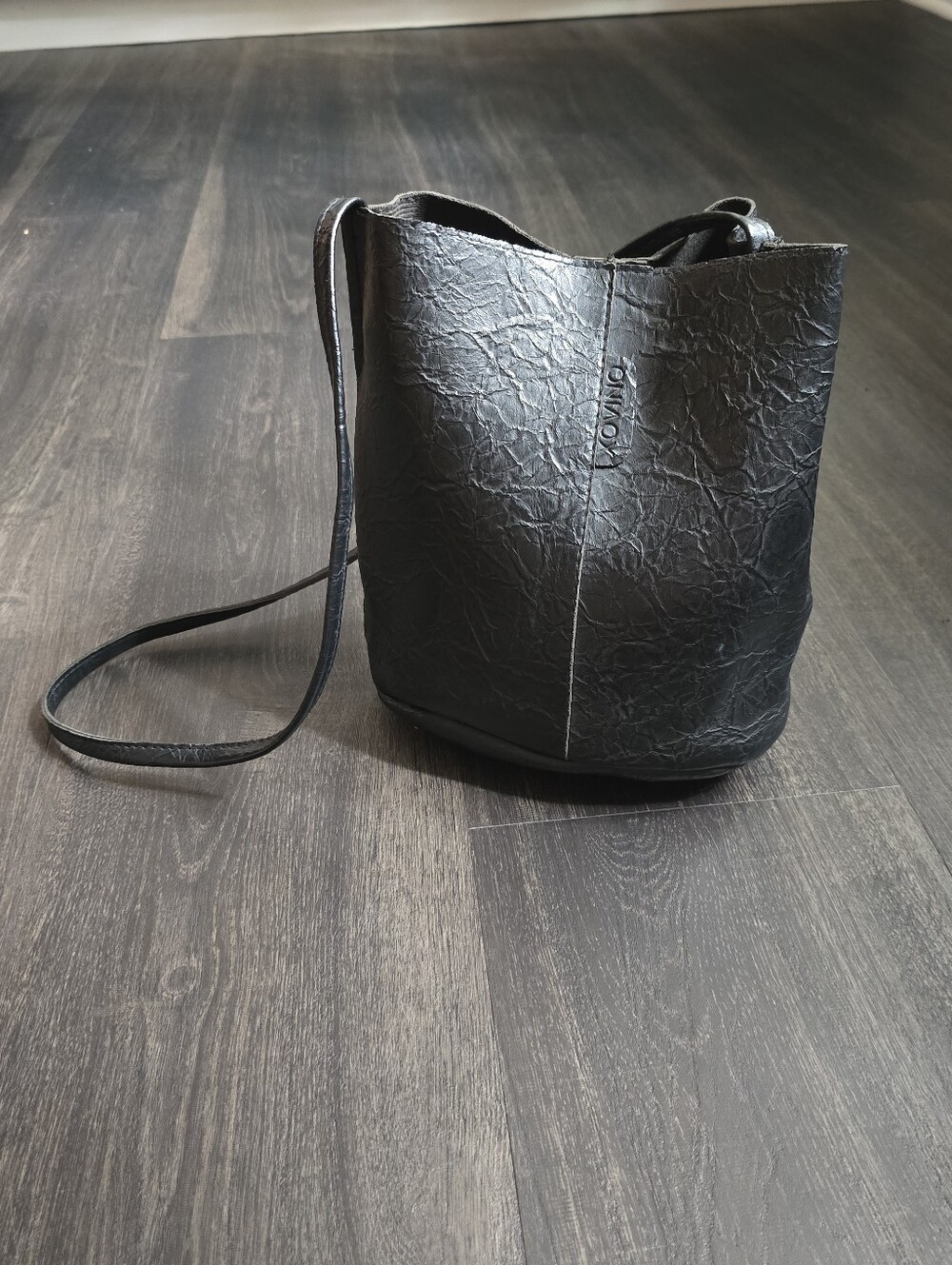 Xovino Black Crinkled Vegan Leather Bucket Bag Crossbody Minimalist Purse